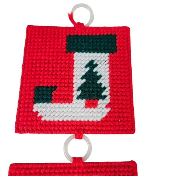 Vintage Handmade Joy Needlepoint Christmas Wall Hanging‎ Decor Sign w Tassels - Picture 3 of 8